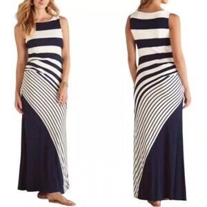 Soft Surroundings Maxi Dress Blue White Stripe Shirred Side M Coastal Nautical